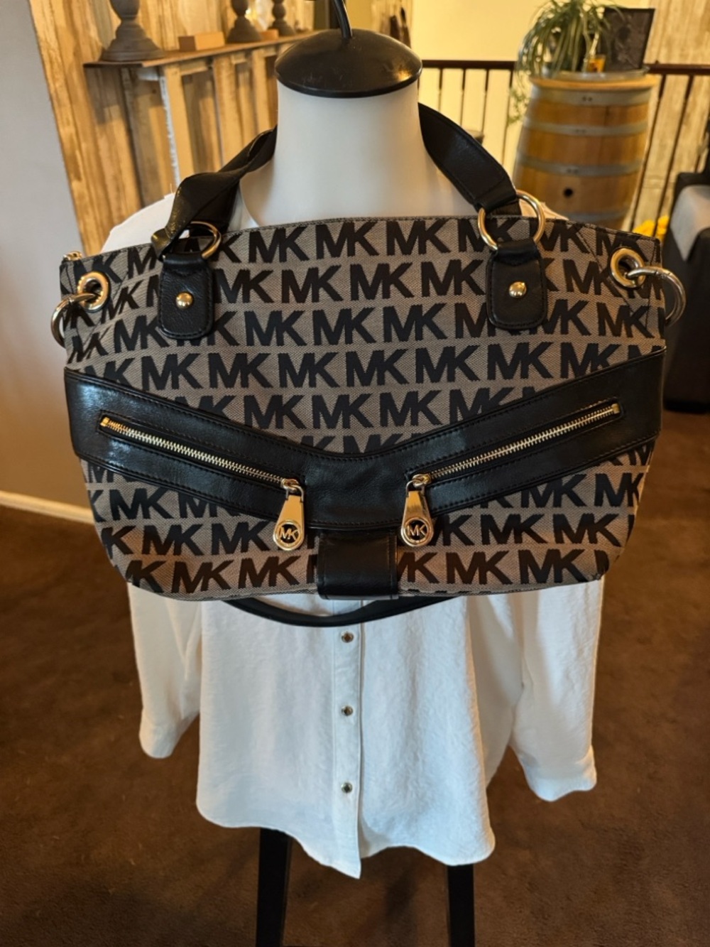Michael Kors Tan and Black MK Monogram Shoulder Bag
